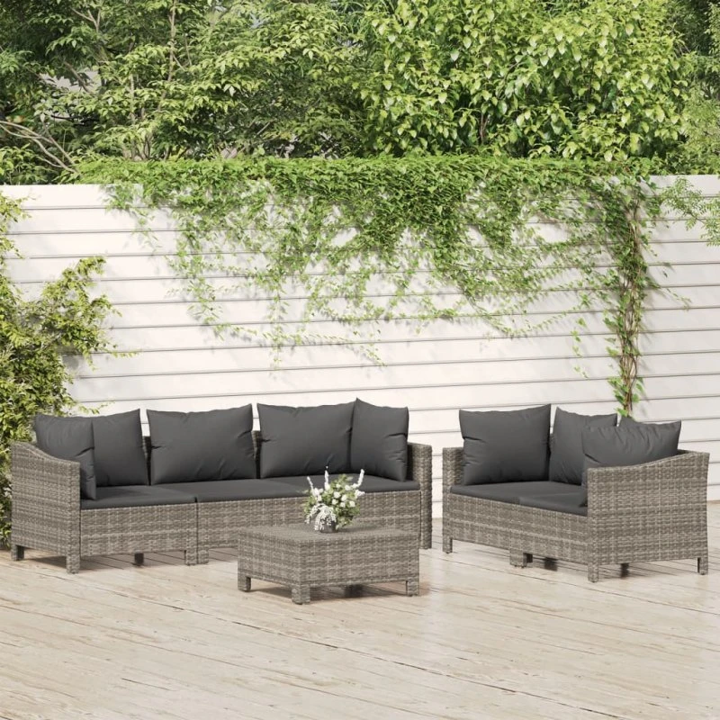 Loungesæt 6 dele i grå polyrattan med hynder