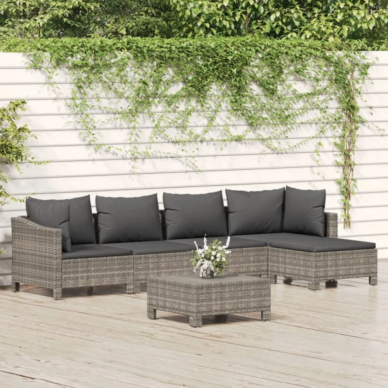 Loungesæt til have 6 dele i grå polyrattan med hynder