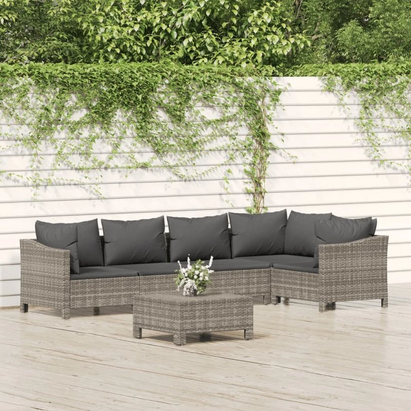 Loungesæt 6 dele i grå polyrattan med hynder