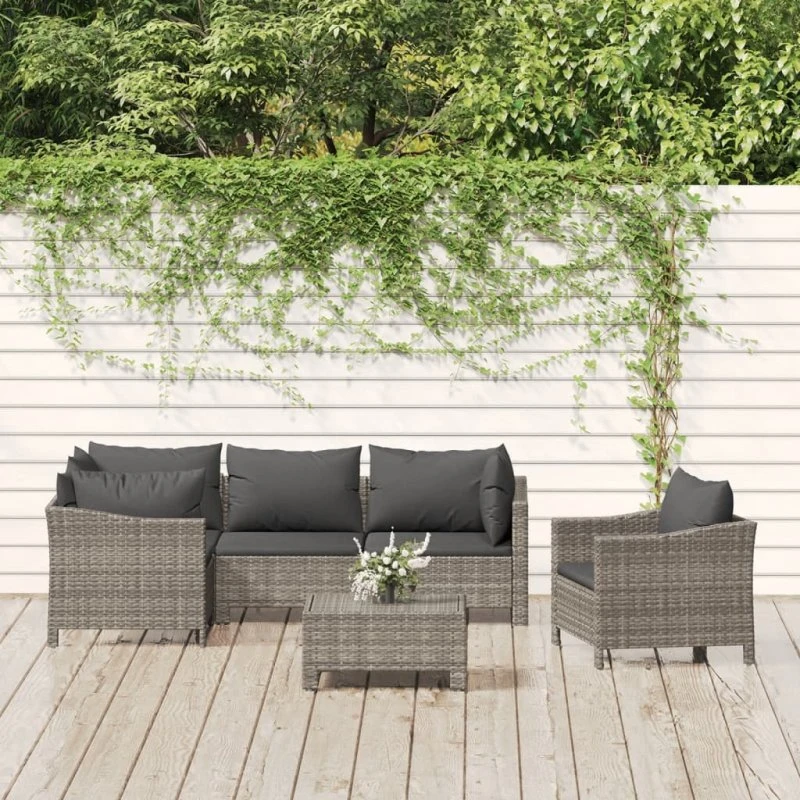 Loungesæt 6 dele grå polyrattan med hynder