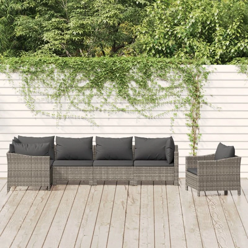 Loungesæt til haven 6 dele i grå polyrattan med hynder