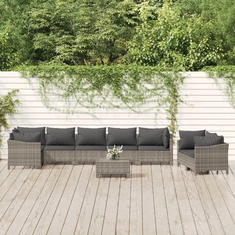 Loungesæt i polyrattan 9 dele med hynder - Grå