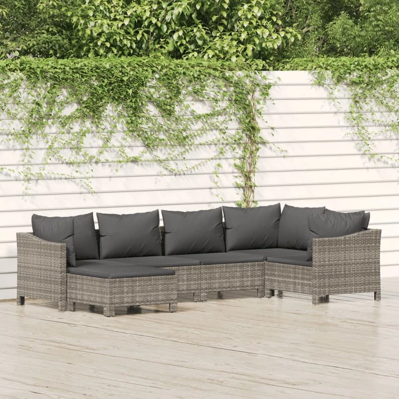 Loungesæt til haven 6 dele i grå polyrattan med hynder