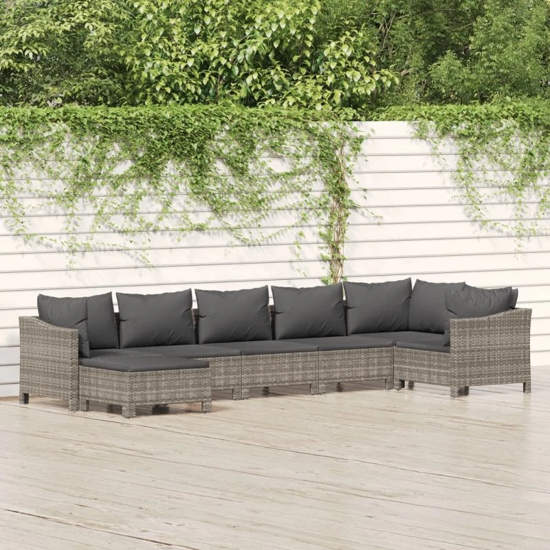 Loungesæt til haven 7 dele i grå polyrattan med hynder