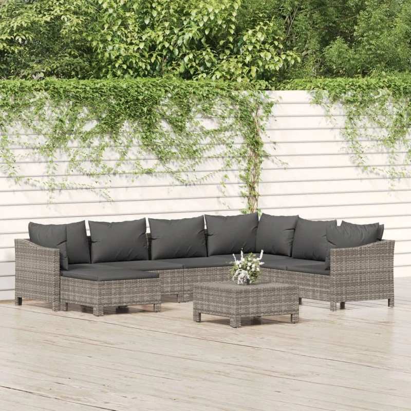 Loungesæt til haven 8 dele i grå polyrattan med hynder