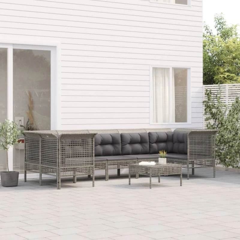 Loungesæt i polyrattan 8 dele med hynder – grå