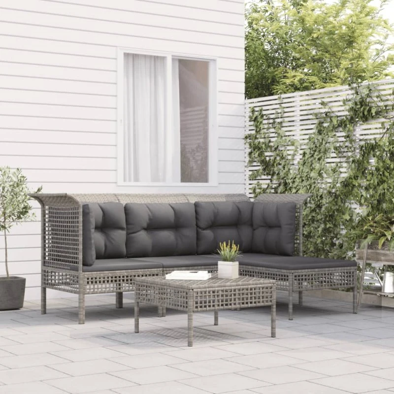 Loungesæt til haven 5 dele i grå polyrattan med hynder