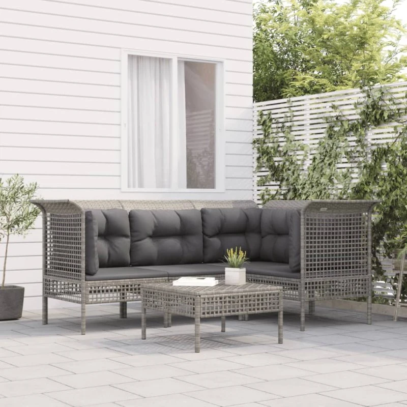 Loungesæt til haven 5 dele i grå polyrattan med hynder