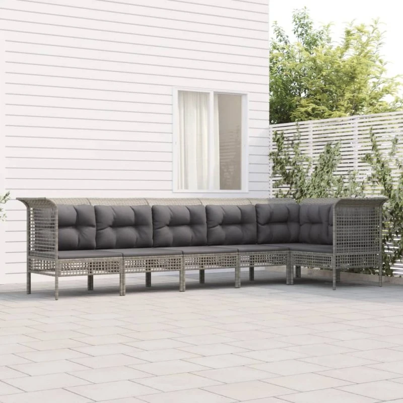 Loungesæt i grå polyrattan 6 dele med hynder