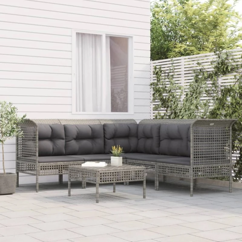 Loungesæt i polyrattan 6 dele med hynder - grå