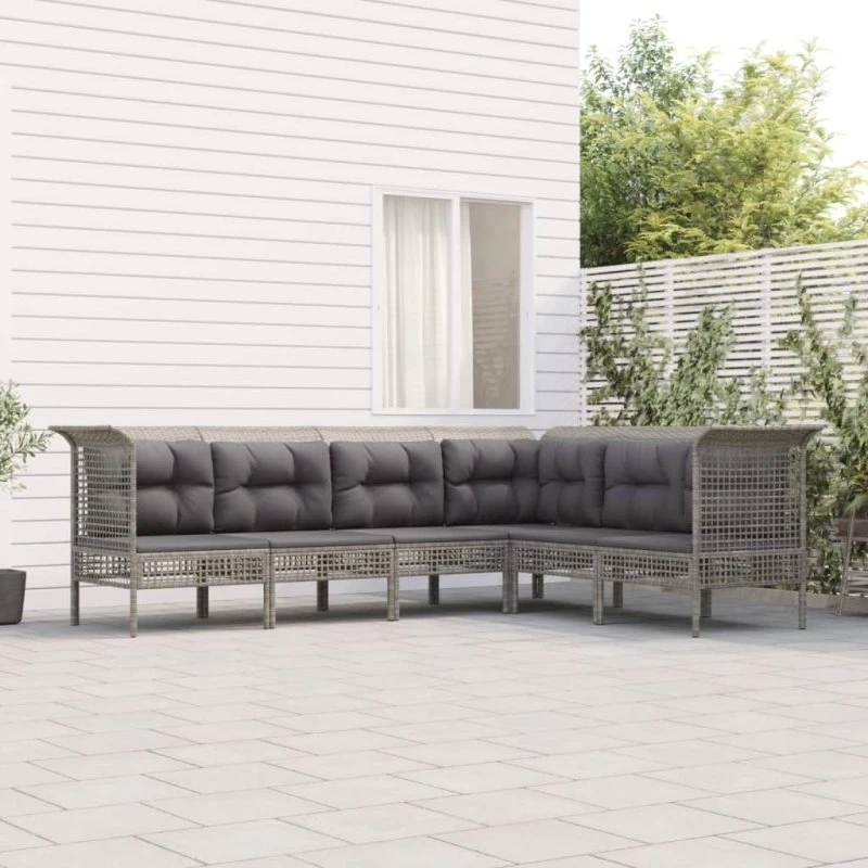 Loungesæt 6 dele i grå polyrattan med hynder