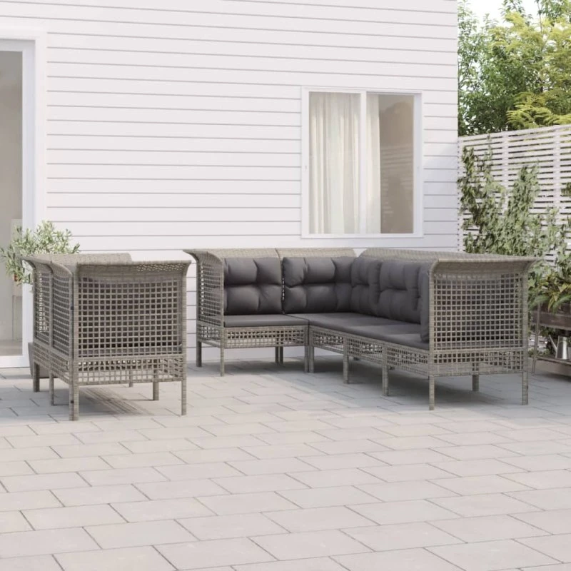 Loungesæt til haven 7 dele i grå polyrattan med hynder
