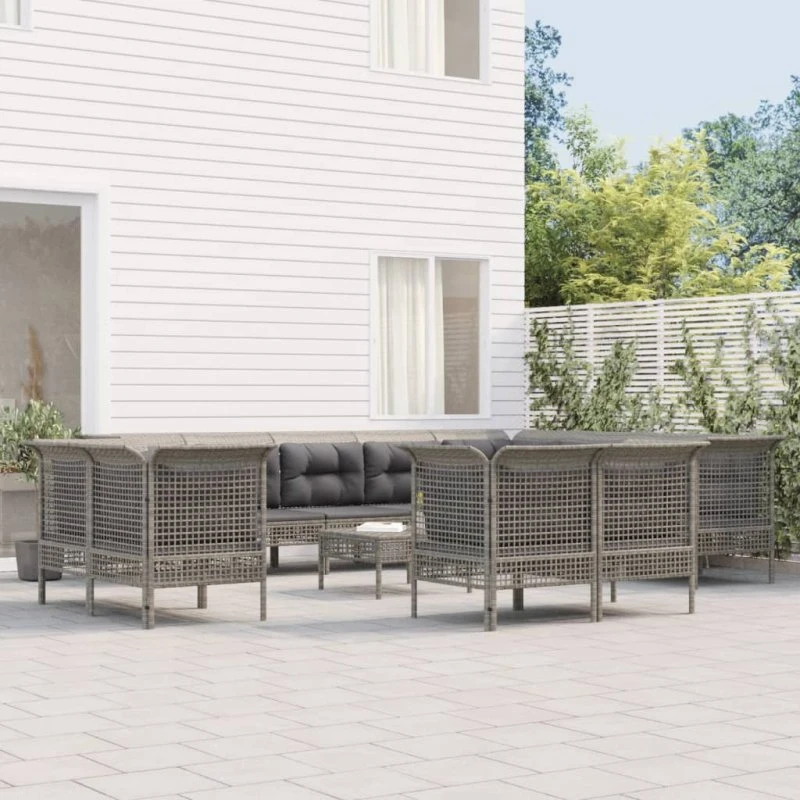 Loungesæt i polyrattan 13 dele med hynder – grå