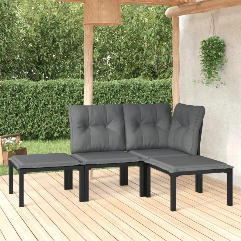 Loungesæt 4 dele i polyrattan – sort/grå