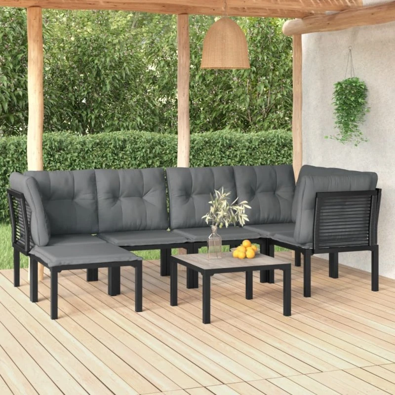Loungesæt i polyrattan 7 dele - sort/grå