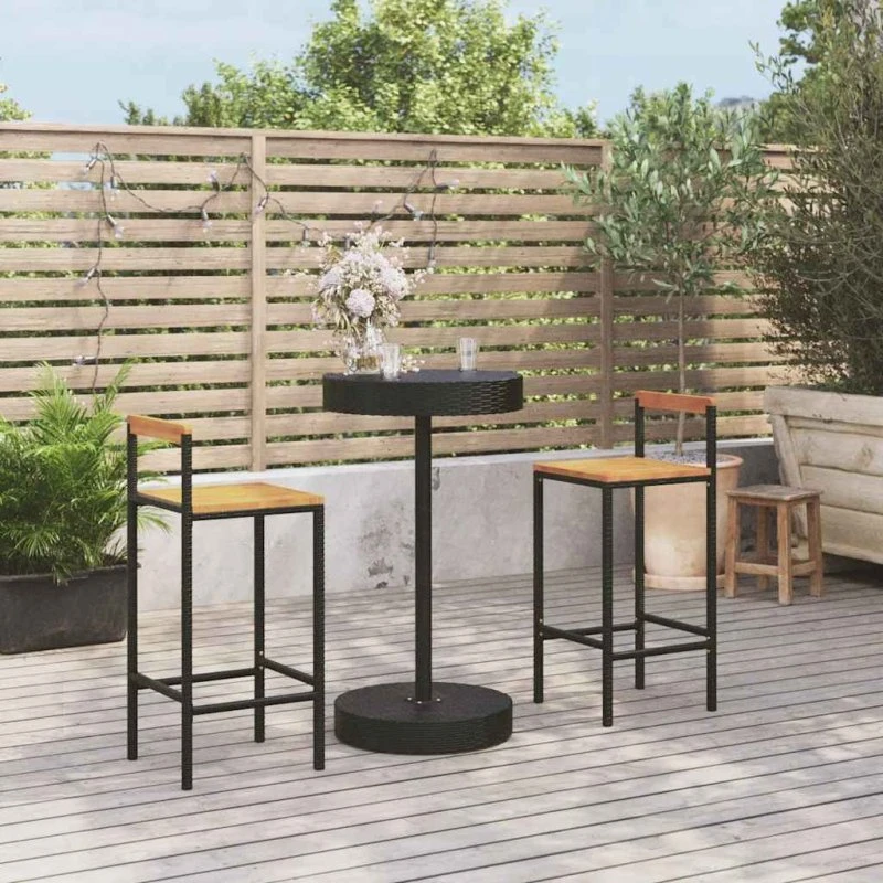 Barsæt til haven 3 dele – polyrattan & akacietræ, sort