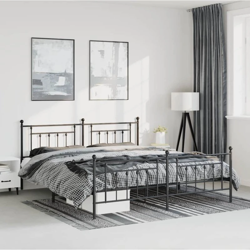 Sort metal sengeramme med gavl og fodgærde 183x213 cm