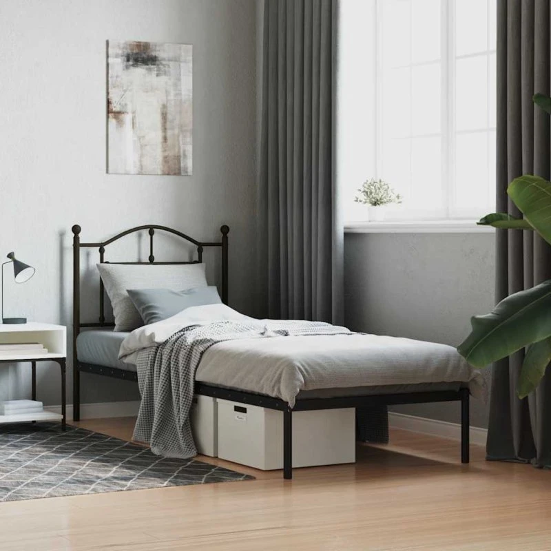Sengeramme med sengegavl 90x190 cm, sort metal