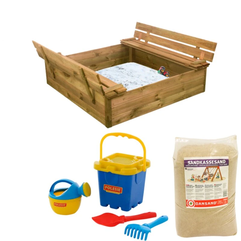 Nordic Play sandkasse 120x120 cm med bænk/låg og 240 kg sand (blå)