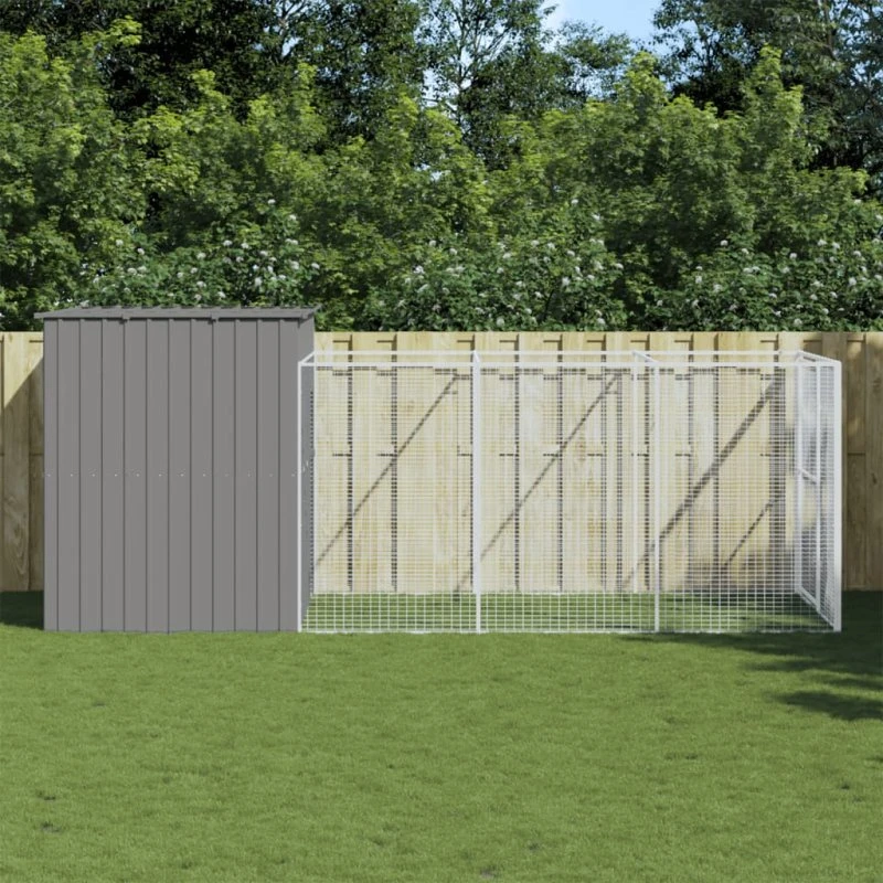 Hundehus med løbegård 214×457×181 cm – galvaniseret stål