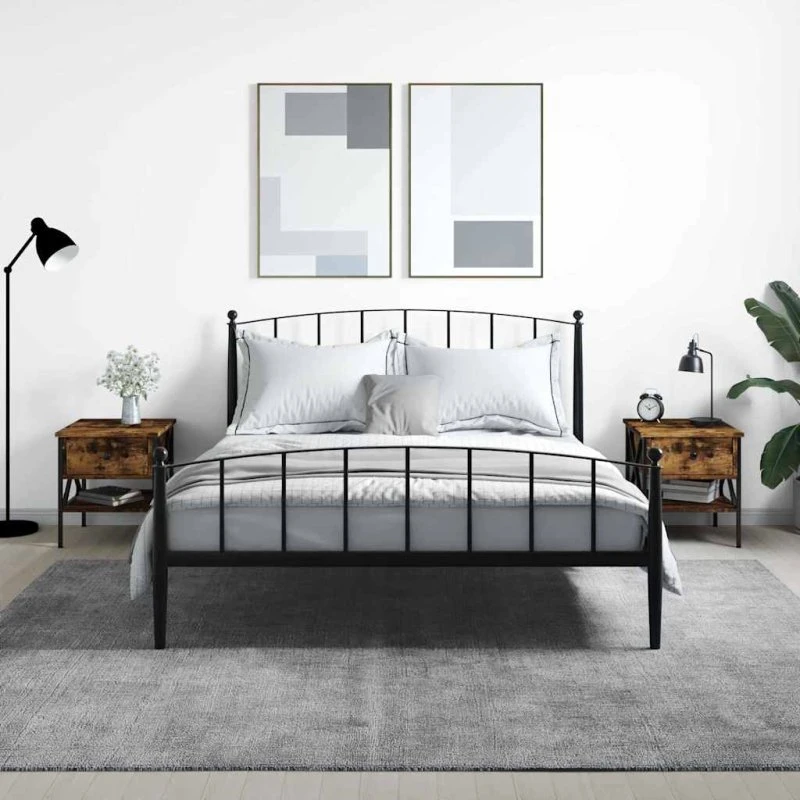 Sengeborde 2 stk. 40x42x45 cm - røget egetræ & sort metal