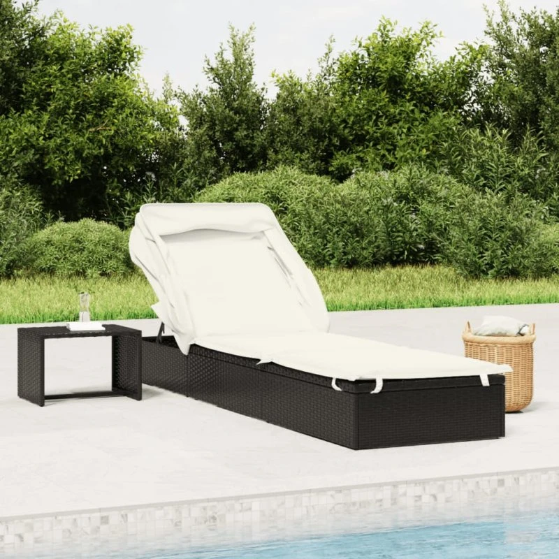 Liggestol med foldbart tag 213x63x97 cm - Sort polyrattan
