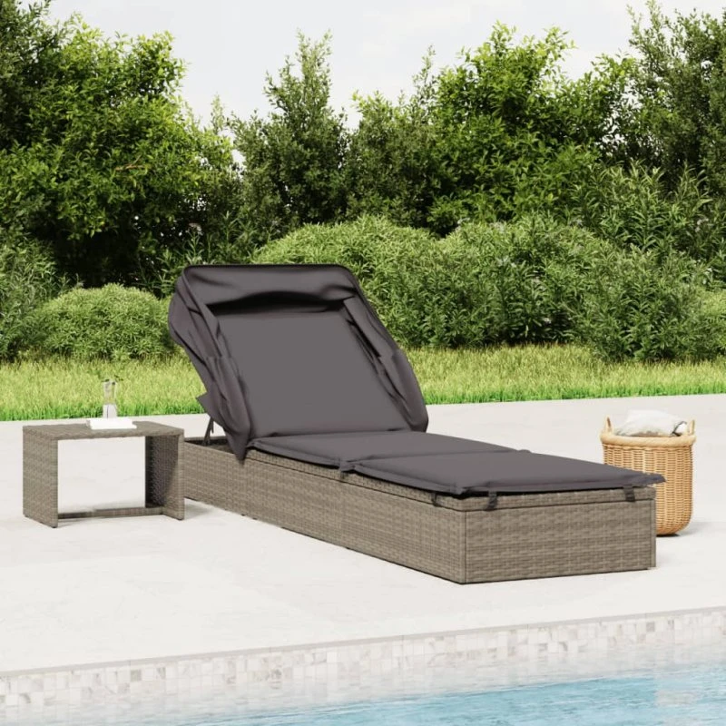 Polyrattan liggestol med foldbart tag 213x63x97 cm grå