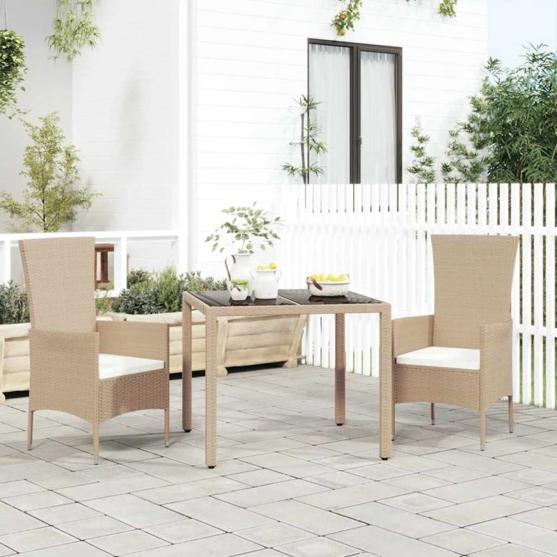 Havebord i beige polyrattan med hærdet glas