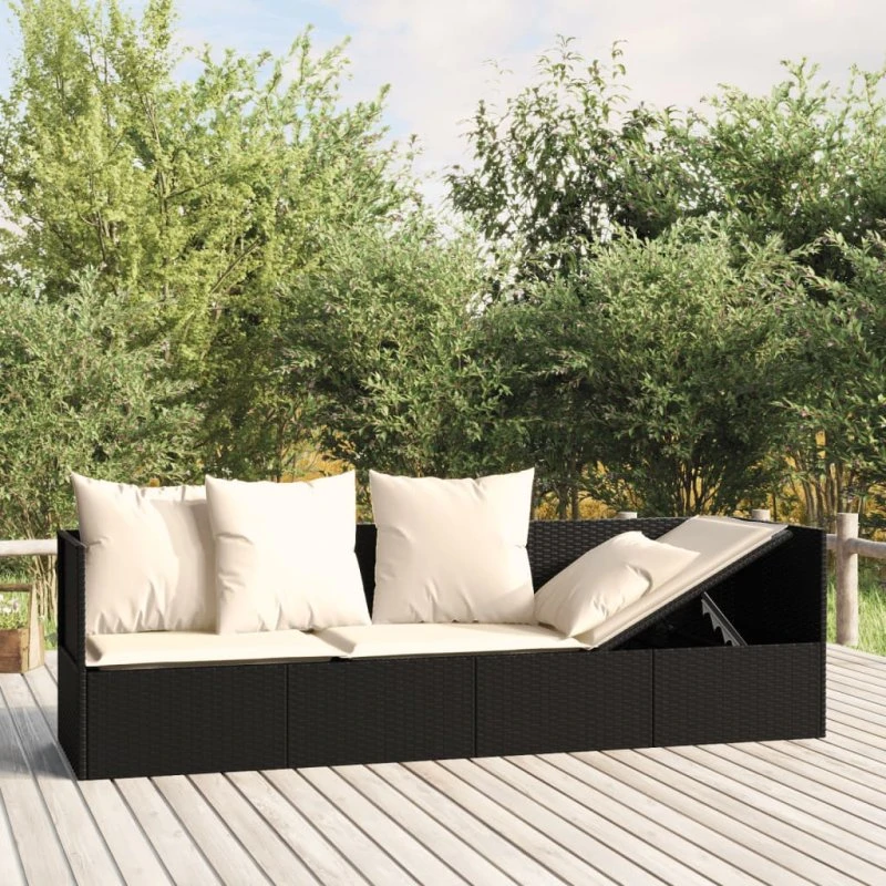 Udendørs loungesofa i sort polyrattan med hynder
