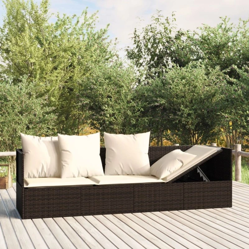 Udendørs loungesofa i polyrattan med hynder, brun