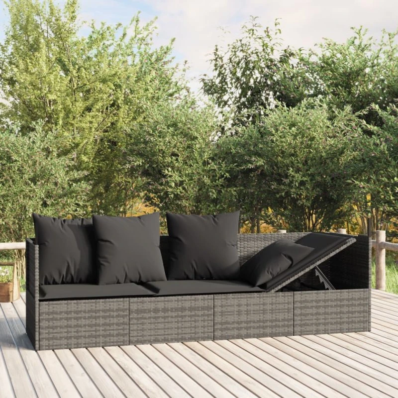 Udendørs loungesofa i grå polyrattan med hynder