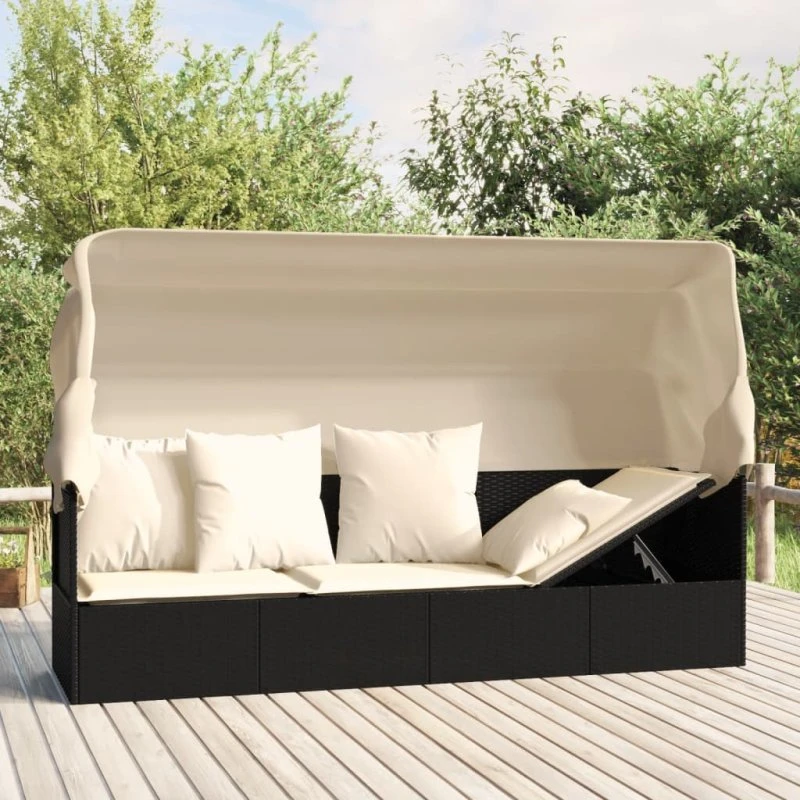Loungesofa med tag og hynder i sort polyrattan