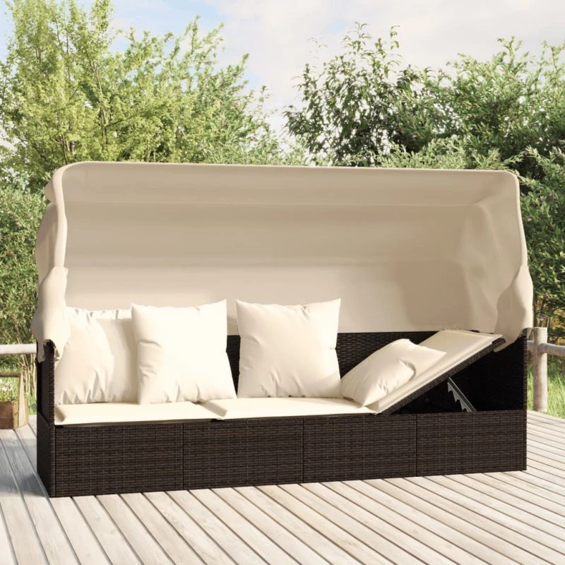 Udendørs loungesofa med tag og hynder i brun polyrattan