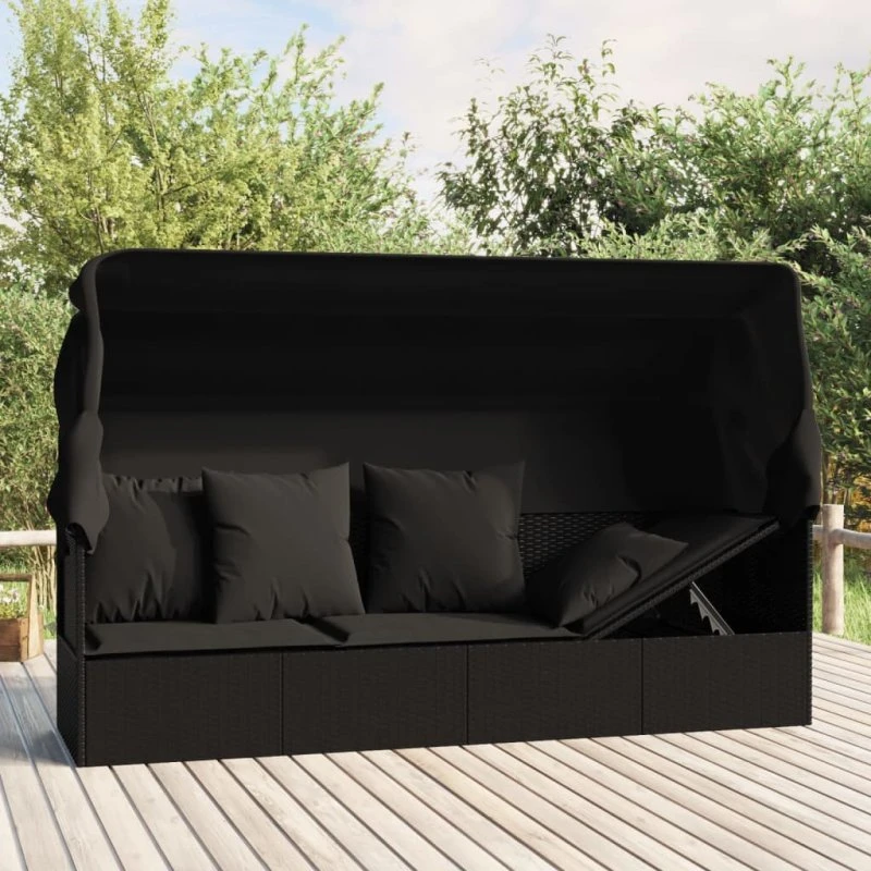 Loungesofa udendørs med tag og hynder, polyrattan - sort