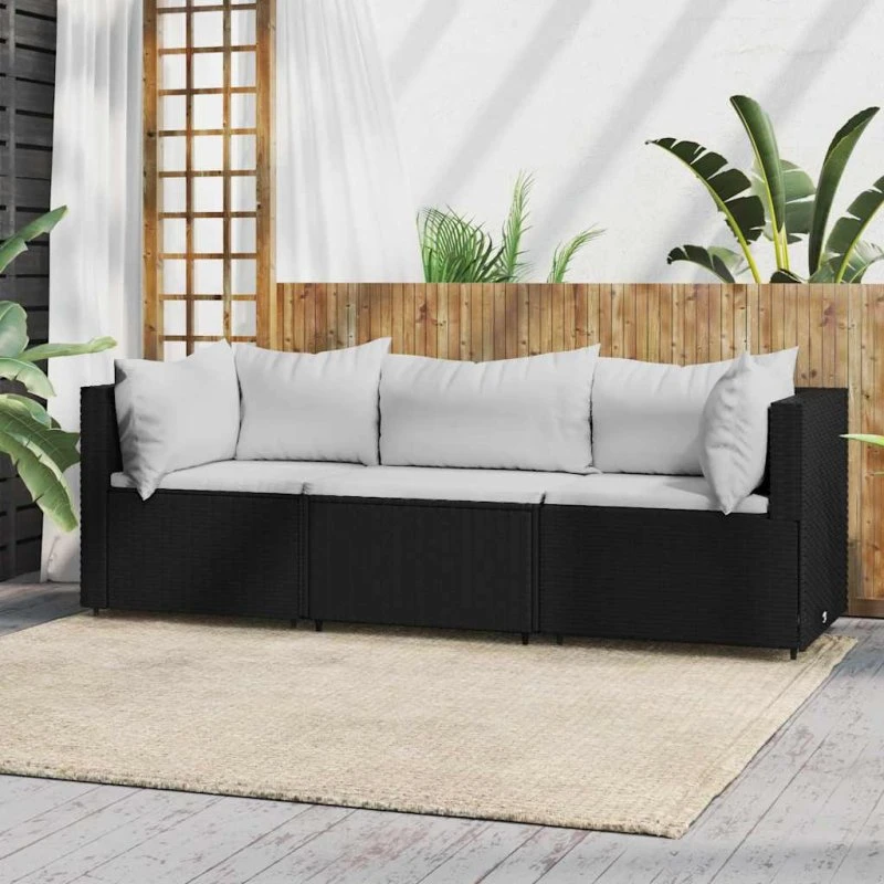 Loungesæt til haven 3 dele med hynder – sort polyrattan