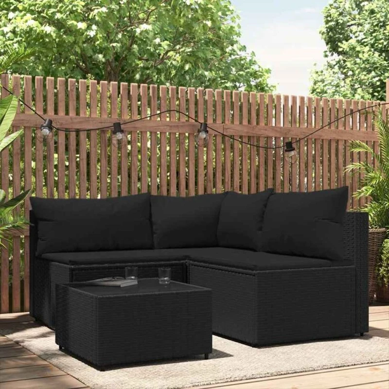 Loungesæt i polyrattan 4 dele med hynder - sort