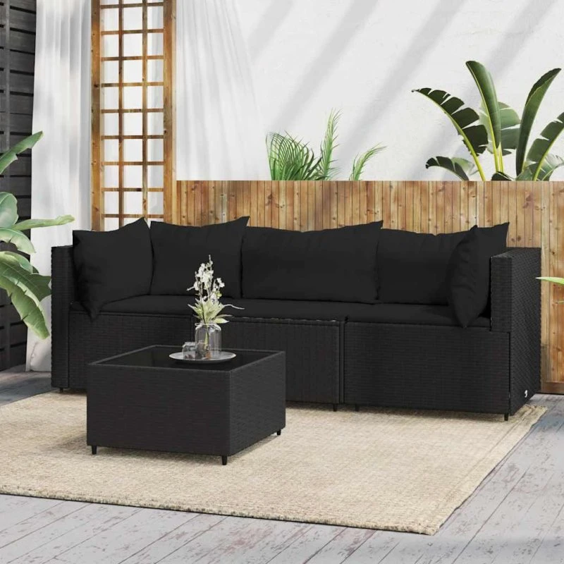 Loungesæt 4 dele i sort polyrattan med hynder