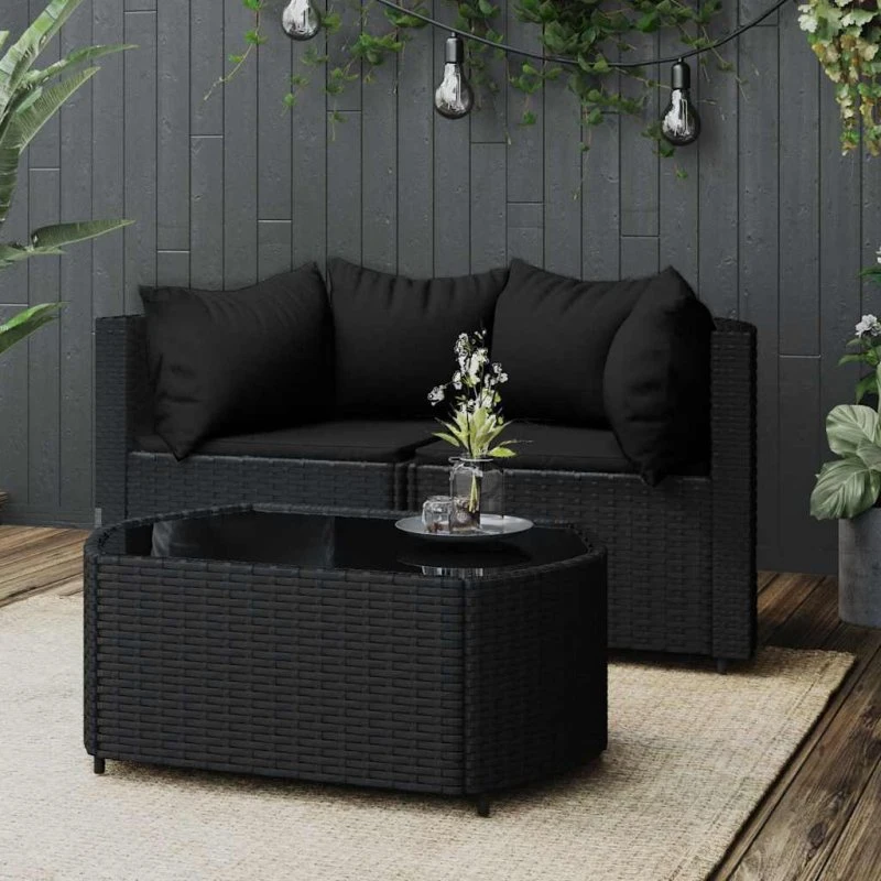 Loungesæt 3 dele i sort polyrattan med hynder