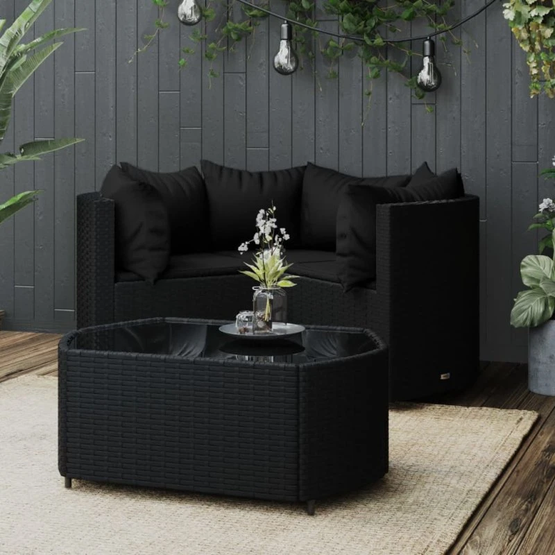 Sort 4-dele loungesæt i polyrattan med hynder