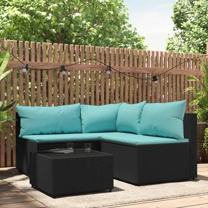 Loungesæt 4 dele i sort polyrattan med hynder