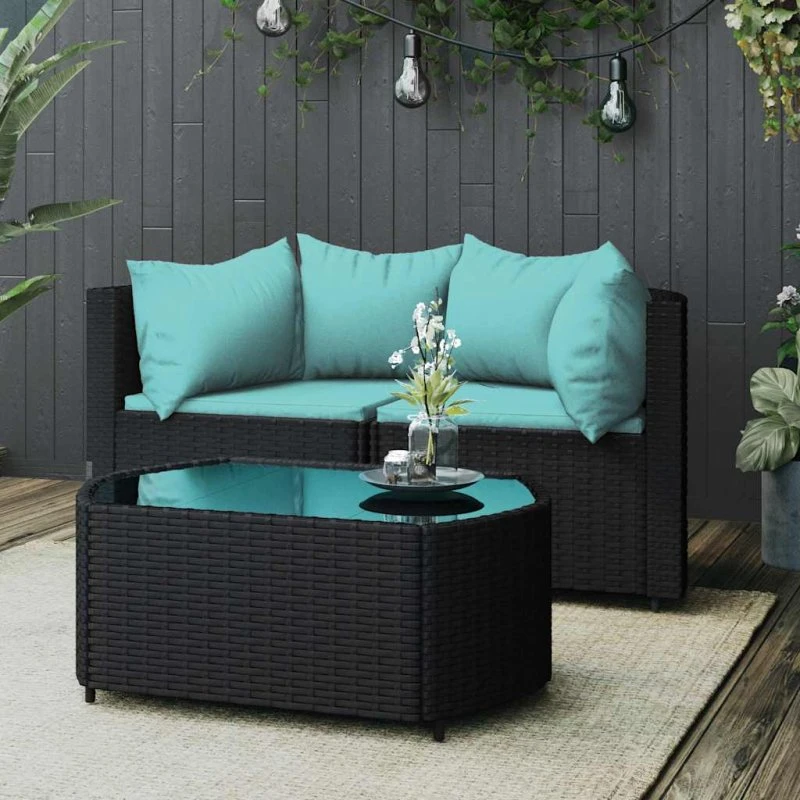 Loungesæt til haven 3 dele i sort polyrattan med hynder