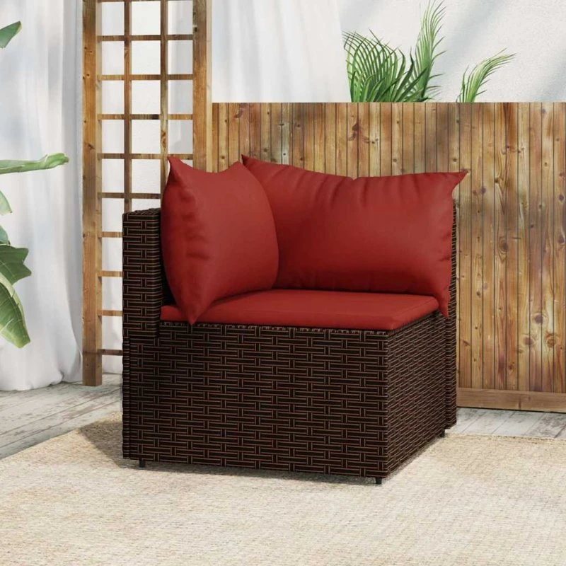 Hjørnemodul til havesofa i brun polyrattan med hynder