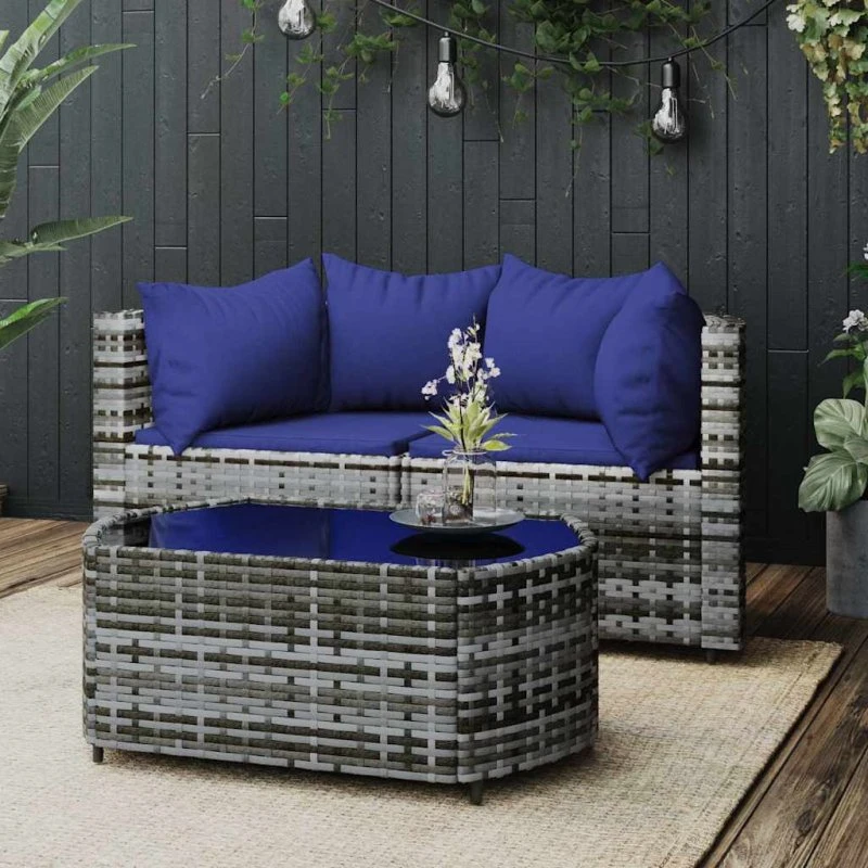 Loungesæt til haven 3 dele i grå polyrattan med hynder