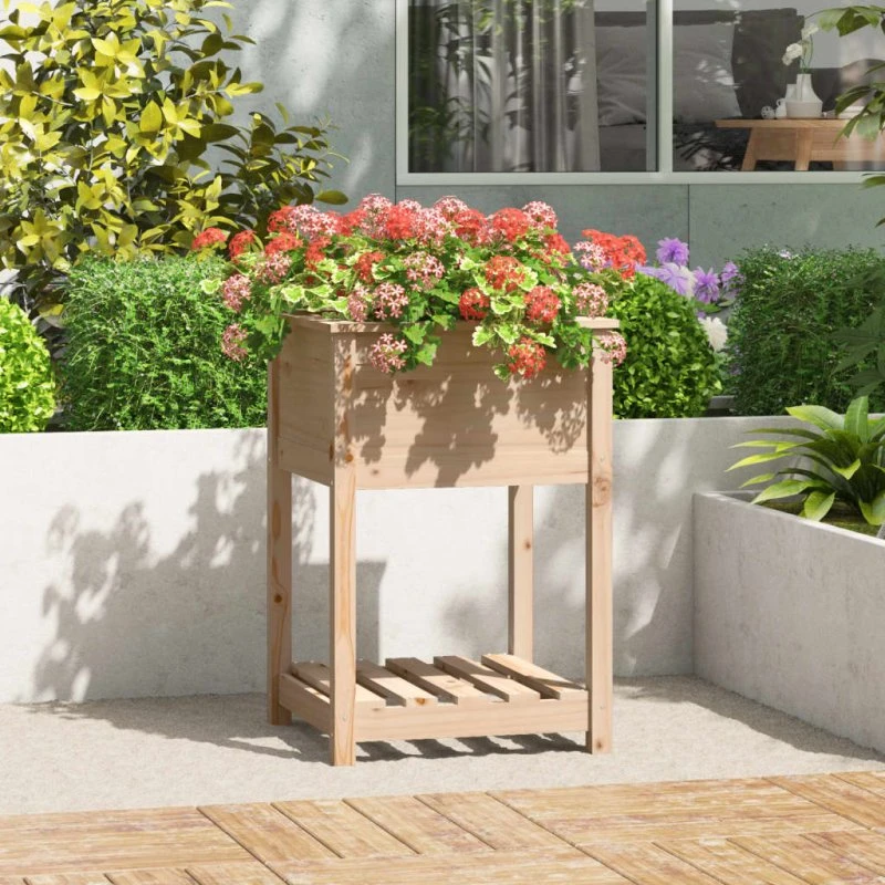 Plantekasse i massivt fyrretræ med hylde 54x54x81 cm
