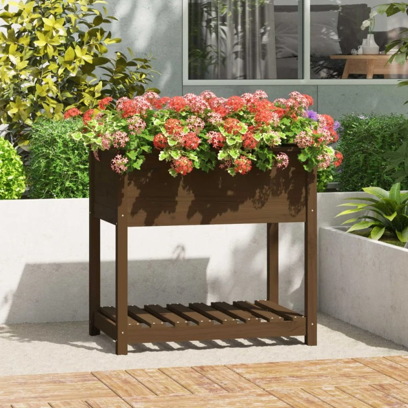 Plantekasse med hylde i massivt fyrretræ 82,5x54x81 cm