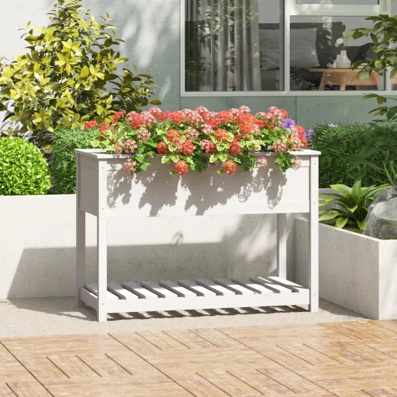 Hvid plantekasse med hylde i massivt fyrretræ 111,5x54x81 cm