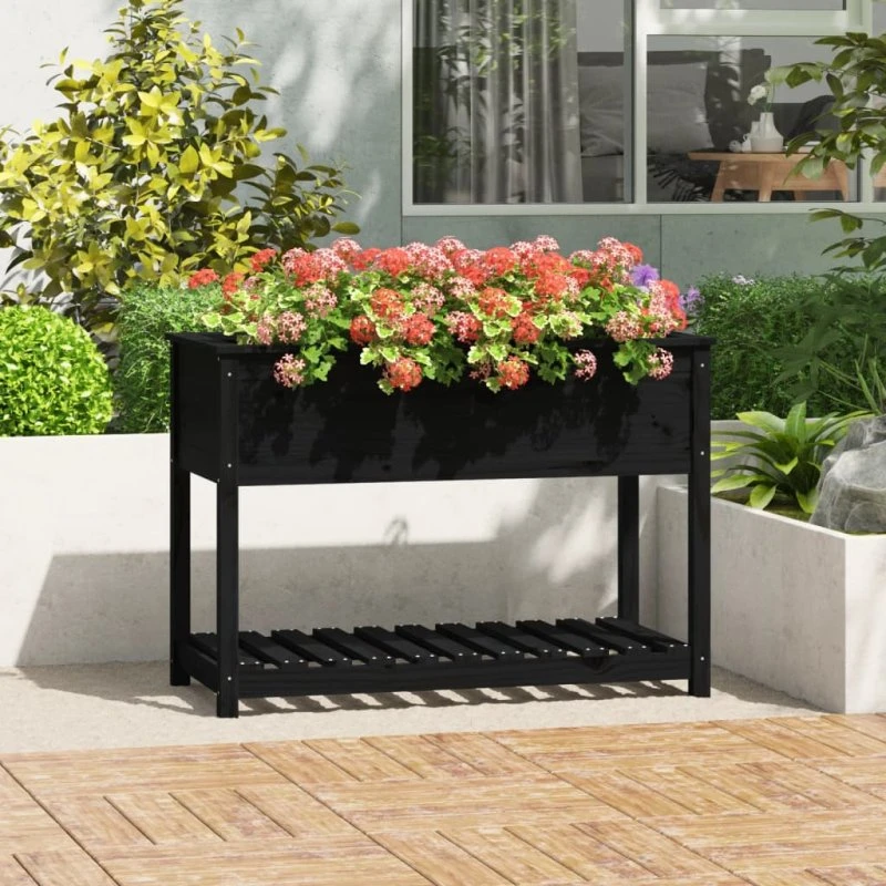 Plantekasse med hylde 111,5×54×81 cm i fyrretræ, sort