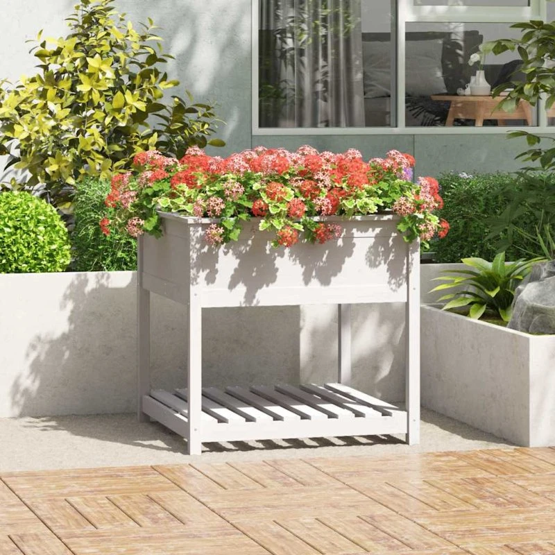 Plantekasse i massivt fyrretræ med hylde 82,5x82,5x81 cm