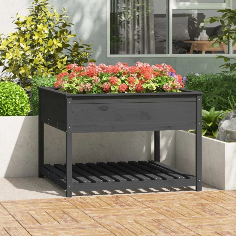 Plantekasse i massivt fyrretræ med hylde 111,5x111,5x81 cm