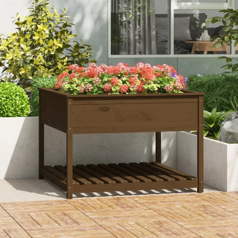 Plantekasse i massivt fyrretræ med hylde 111,5x111,5x81 cm